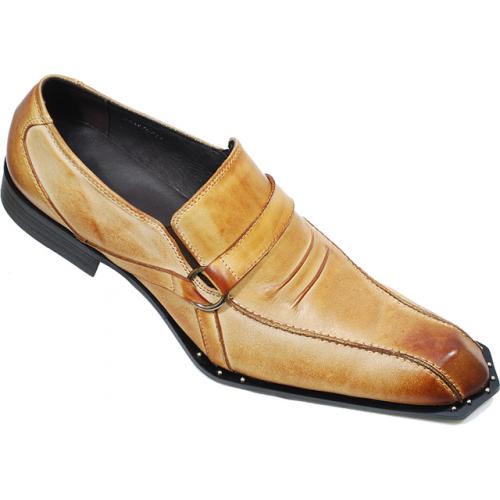 Zota Camel Metal Studed Hand Burnished And Buckle Straps Diamond Toe Leather Shoes G937-6